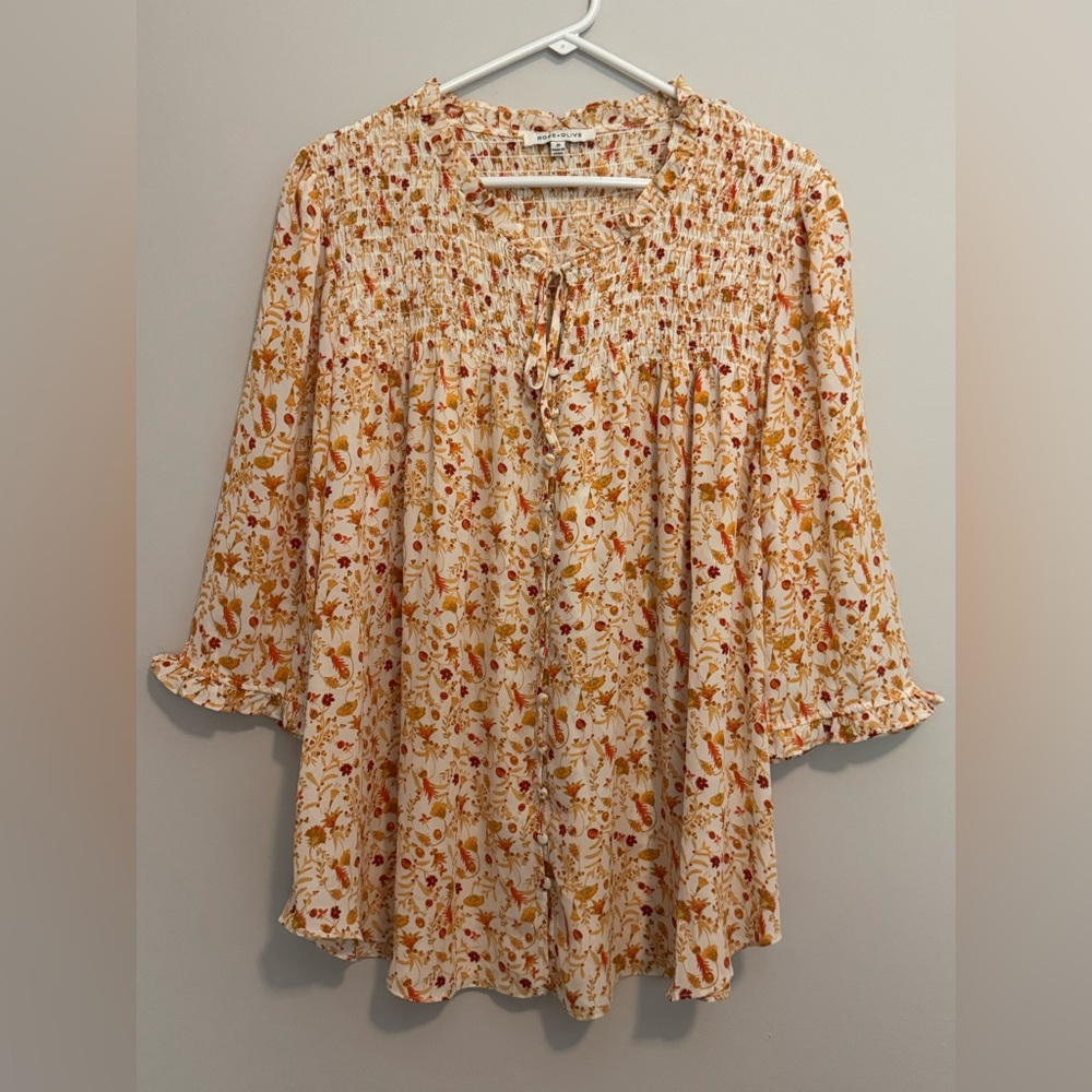 Rose & Olive Women’s Fall Floral Button Up Blouse 1X Smocked Career Office Orang